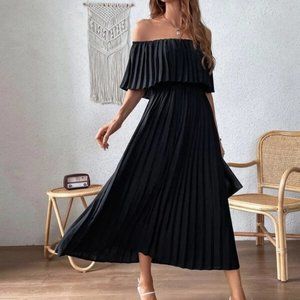 Contemporary Ruffle Trim Off Shoulder Pleated Maxi Dress Black